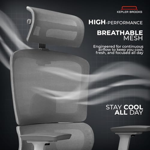 Image of Kepler Brooks Imperia Elite Office Chair for Work | 3-Year Warranty | Ergonomic Office Chair, Study Chair for Home, 2D Headrest, 3D Armrest, Multi Lock Seat Slider Mechanism, Aluminium Base (Grey)