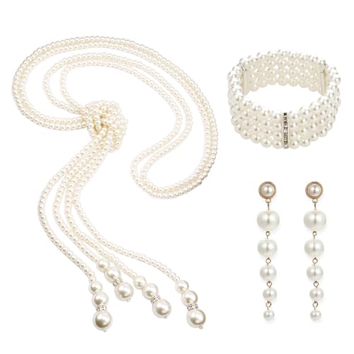 NYGGTYK Lot de 3 Bijoux en Perles, Collier Années 1920, Boucles d'Oreilles Gouttes et Bracelet Multicouches pour Femme, les