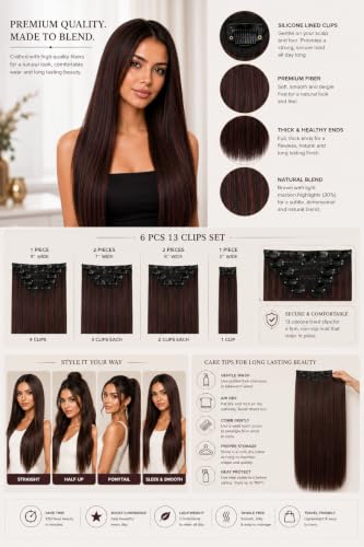Image of Salon-Grade Maroon Highlights Straight Clip-in Extensions - 6PCS Synthetic Hair Volumizer with 13 Secure Clips for Instant Volume & Realistic Blend