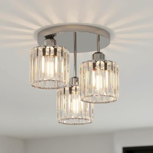ANWIO Lampadario Cristallo Argento, Plafoniere da Soffitto Soggiorno 3 Luci, Lampadari Moderni Cameretta E27, Plafoniera in Cristallo con 3 Paralume in Vetro Per Cucina (Senza Lampadine) Kitchen