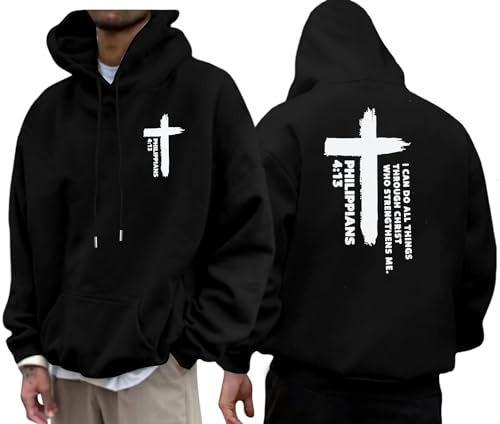 Christian Hoodies for Men Religious Faith Jesus Hoodie God Bible Verse Cross Sweatshirts Trendy Graphic Pullover Black