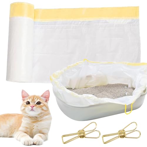 Cat Litter Tray Liners, 20 PCS Cat Litter Bags with Drawstrings and 2 PCS Gold Fixed Clip for Pet Litter Box (79 x 45 cm)