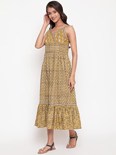Image of SAVI Women's Cotton Printed Midi Dress | Sleeveless V-Neck A-Line Flared Kurti Style Long Dress | Casual Summer Ethnic Wear for Women