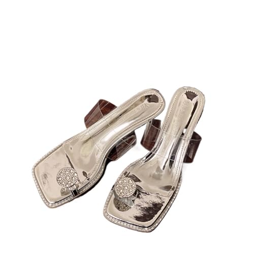 Geerta Clear Strap Toe Ring Sandals for Women - Low Heels Mules with Sparkly Diamond Decors, Comfortable Dressy Shoes for Parties Weddings Cruises Summer Vacations
