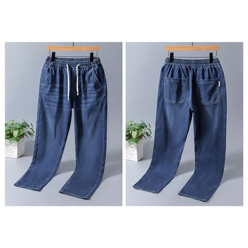 ANUFER Mens Summer Thin Lightweight Lyocell Jeans Elastic Waist Straight Leg Casual Denim Trousers with Drawstring4