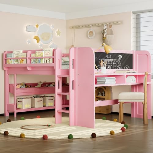 Image of Full Loft Bed with Multi-Storage Bookcases, Boxes and Drawers, Solid Wood Low Loft Beds with Desk and Blackboard, No Box Spring Needed (Pink-02)