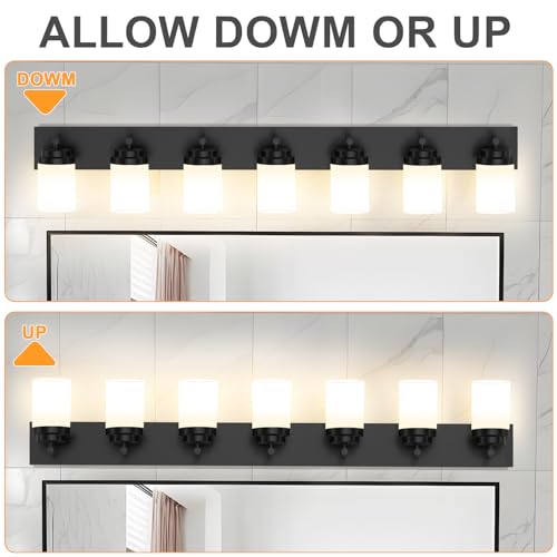 Image of IZORRO Bathroom Vanity Light Fixture, 7-Light 52 inch Matte Black Bathroom Light Fixtures Over Mirror, with White Glass Shade, Modern Farmhouse Vanity Lights, Rustic Restroom Lighting Fixtures