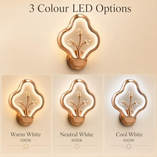 Image of Modern LED Wall Light | 3 Color Changing Rose Gold Decorative Wall Lamp for Living Room, Bedroom & Hallway | Crystal Accent Indoor Sconce with Warm, Neutral & Cool White Lighting