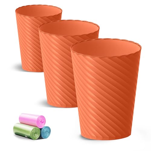 Image of Lysam Bathroom Trash Can, 3 Pack 1.8 Gallons Small Trash Can with Trash Bags, Bathroom Garbage Can, Plastic Trash Bin, Round Waste Basket for Bedroom, Office, Kitchen, Compact Space (Orange)