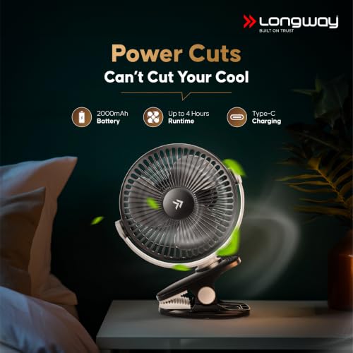 Image of LONGWAY Clipzy Portable Rechargeable Clip Fan with 360 Rotation | 3 Speed Control | BLDC Motor | Type-C Charging | Silent Operation Table Fan for Home, Office & Travel | 1 Year Warranty (Black)
