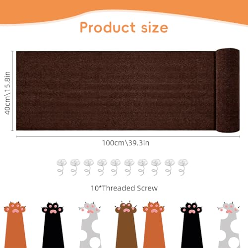 Image of Qpets Cat Scratcher Pad 40x100cm Self-Adhesive Thicken Furniture Protector Surface Guard Wrap with 10Pcs Invisible Spiral Twist Pins, for Sofa, Leather Couch, Wall -Brown