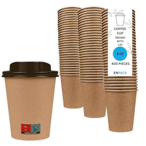 Enpack 400 Kaffeebecher braun mit Deckel 80mm - einweg kaffeetassen mit 200ml/8oz Füllmenge - Hitzebeständige to Go Becher - Recycelbare cafe to go becher für Kaffee/Tee/Kakao -Kraftpapier