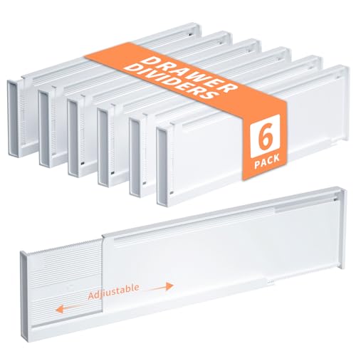 Image of Drawer Divider 6 Pack, Adjustable Drawer Dividers for Clothes, Expandable Kitchen Drawer Organizer, Plastic Dresser Separators for Baby Clothes, 3.35"High, 10.91-20.67", Installed by Double-Sided Tape