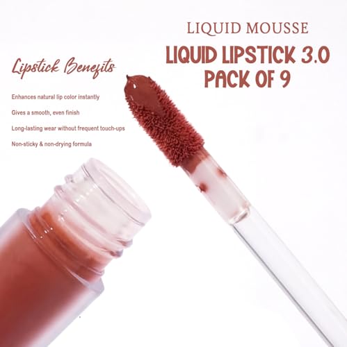 Image of Love Earth Liquid Mousse Lipstick 3.O Matte Finish Combo Kit | Lightweight, Non-Sticky, Non-Drying,Transferproof, Waterproof Lipstick Set | Multicolor Mini Liquid Lipstick - (2Ml X 9) 18Ml