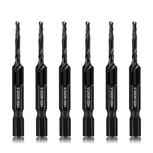 6 Packs M3 Combination Drill & Taps Bit Set, Screw Tapping Threading Tools in Size M3*0.5 with Anti-rust Black Coating, 6mm Hex Shank and Storage Case