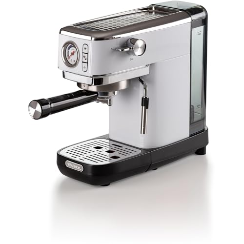 Ariete Espresso Slim Metal 1381, cafetera con manómetro, compatible con café en polvo y cápsulas ESE, 15 bar Max, filtro 1 o 2 tazas, boquilla de capuchino, 1300 W, color blanco