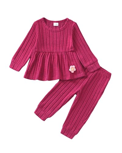 Mioglrie Baby Girl Clothes 18-24 Months Fall Winter Toddler Girl Outfits Rose Red Rib Clothing Sweatshirt Top Cute Solid Casual Pants Set