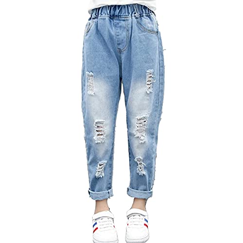 FLOWERKIDS Kids Girls Jeans Distressed Ripped Denim Pants Elastic Waist Trousers Size 4-14 Years