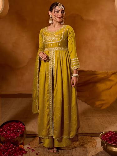 Image of Naixa Women's Vichitra Silk Siquinned Embroidered Flared Kurta with Pant and Dupatta Sets (NX-786)