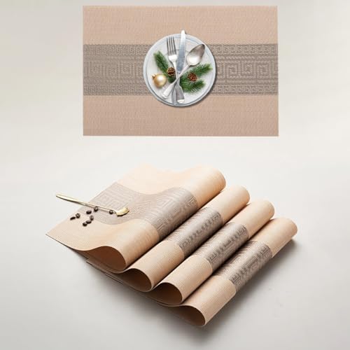 Image of YELONA Placemats Set of 4, Heat-Resistant Woven Vinyl Table Mats, Non-Slip & Washable Dining Tablemats for Kitchen & Dinner Decor, Almond Beige (45cm x 30cm)