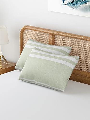 Image of 180 TC Pillow Cover Set of 2 | Pillow Cover Cotton 100% | Pillow Cover Set of 2 King Size | Wrinkle Free & Fade Resistance | Striped Pattern | Standard Size | All Season Use (Parrot Green)