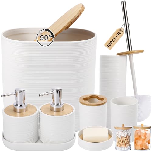 XLHOMO White Bathroom Set, White Bathroom Accessories Set with Trash Can, 2PCS Soap Dispensers, Soap Dish, Toothbrush Holder, Toothbrush Cup,Toilet Brush, Tray and Qtip Holders for Bathroom Decor