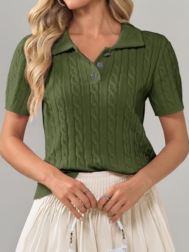Image of Imily Bela Womens Polo V Neck Pullovers Lightweight Short Sleeve Cable Knit Sweater Business Casual Summer Tops 2025
