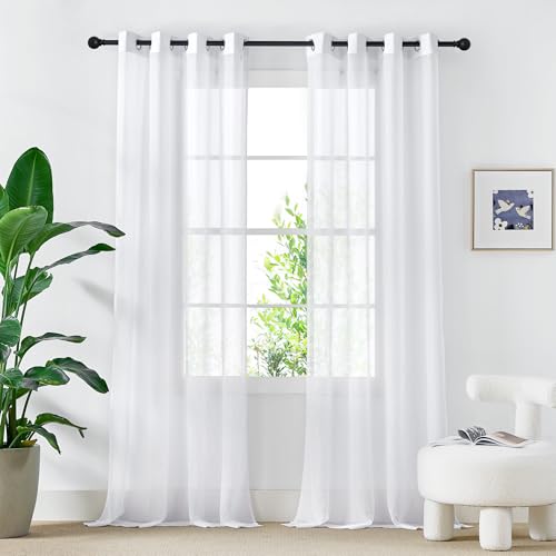 PONY DANCE White Voile Curtains 90 Drop Pair, Semi Transparent Window Net Curtains for Bedroom/Living Room/Patio Door, Super Soft Privacy Protected Sheer Panels Eyelet Top, Set of 2, 54 x 90 inches