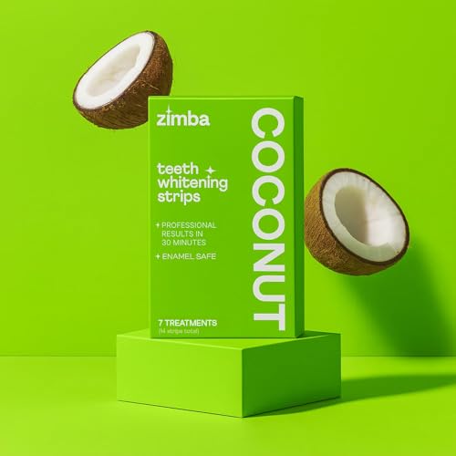 Image of Zimba Coconut Flavored Teeth Whitening Strips | Vegan, Enamel Safe Hydrogen Peroxide Teeth Whitener for Coffee, Wine, Tobacco, and Other Stains | 7 Day Treatment |Coconut