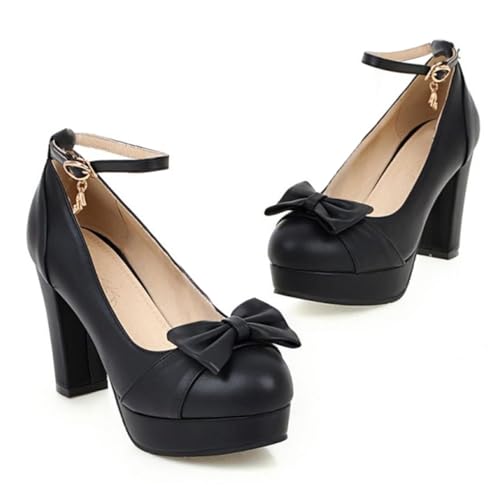 BEAUPAS Women's Buckle Ankle Strap Chunky Heels Platform High Heel Pump Bow Cute Shoes3