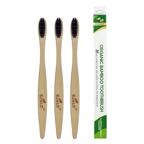Image of Bamboo Toothbrush Pack of 3 with Charcoal Bristles - Eco Friendly, Biodegradable Wooden Toothbrush Set, Soft Bristles Natural Organic Toothbrush, Plastic Free Toothbrush for Adults