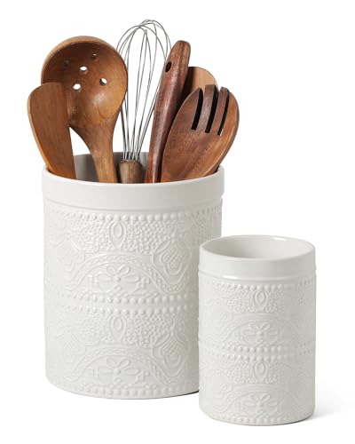 Image of FUN ELEMENTS Kitchen Utensil Holder, 7.2+5.5 inch Super Large Utensil Crock Heavy and Stable Lace Emboss Ceramic Utensil Holder for Kitchen Counter(2Pcs Bright White)