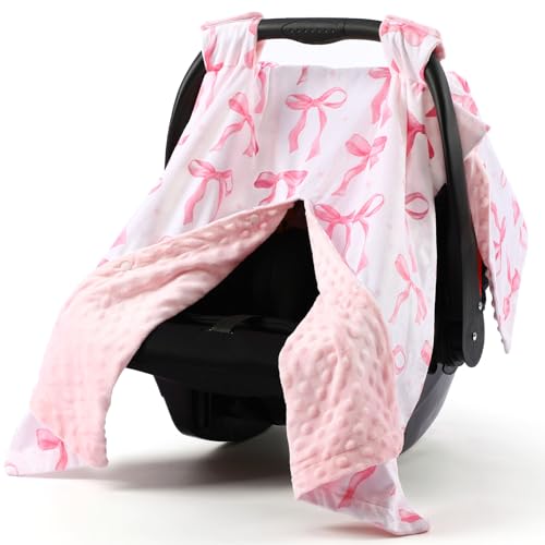 AceOrbit Pink Bow Car Seat Cover Baby Girl, Minky Warm Winter Carseat Covers with Opening Cozy for Newborn Infant Boys Winter Stroller, Nursing Cover Canopy Shower Gift