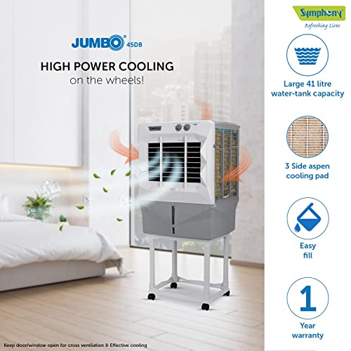 Image of Symphony Jumbo 45 DB Desert Air Cooler For Home with Aspen Pads, Powerful Double Blower, Cool Flow Dispenser and Free Trolley (41L, Grey)