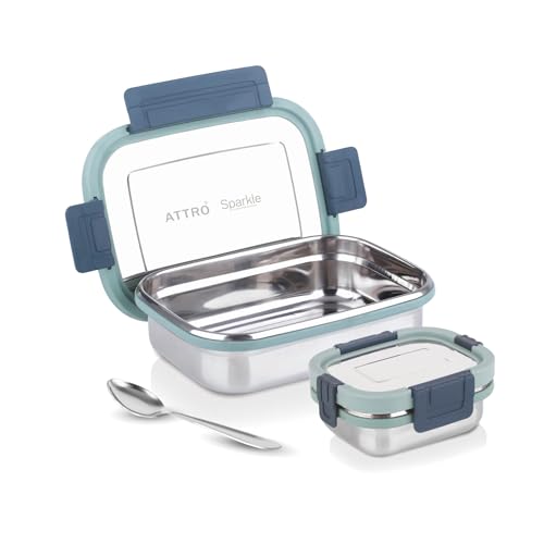 Image of ATTRO Sparkle Medium Stainless Steel Lunch Box 2-Piece Set - 800ml + 150ml - Leak-Proof, BPA-Free, Compact & Durable - Ideal for Kids, Office, Travel - Green