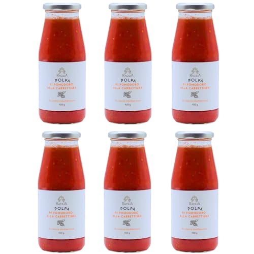 RACILIA 12x450gr Pulpa de Tomate Carrettiera con Siccagno Siciliano, Albahaca, Ajo, Azúcar de Remolacha Italiana - Vegano, Sin OGM | Tomates sicilianos tradicionales