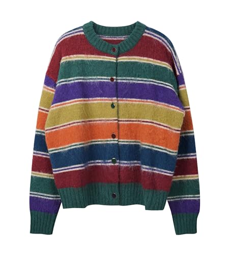 CHARTOU Women Striped Cardigan Sweaters Fall Trendy Rainbow Color Block Open Front Sweater Coats