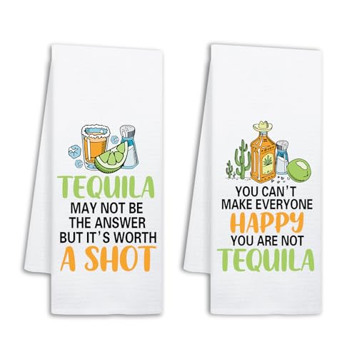 NAHMAKNE Funny Tequila Kitchen Towels Set of 2, Tequila May Not Be The Answer But It's Worth A Shot, Decorative Dish Towels for Kitchen Bar, Sweet Housewarming Gifts for Hostess Bartender Friend