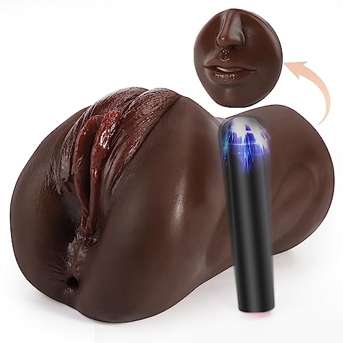 Pocket Pussy Male Masturbators with Bullet Vibrator - 3 in 1 Male Stroker with 10 Vibrations Modes Pocket Pussies with Textured Mouth Vagina & Tight Anus for Men Masturbation Black Sex Toy for Men