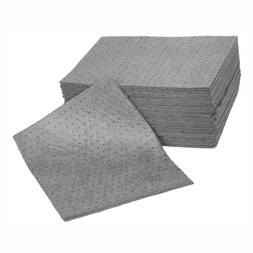 Image of Maintenance Absorbent Pads - Absorb Oil, Water, Coolants, For General Use - Spill Control Sheets - 50cm x 40cm, 100 Sheets, Sonic Bonded Core with Spun Bound Top Layer, Grey - Indoor/Outdoor Use