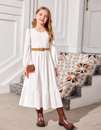 Image of Arshiner Girls Maxi Dresses Lantern Long Sleeve Casual Holiday Dress with Pockets for 5-14 Y