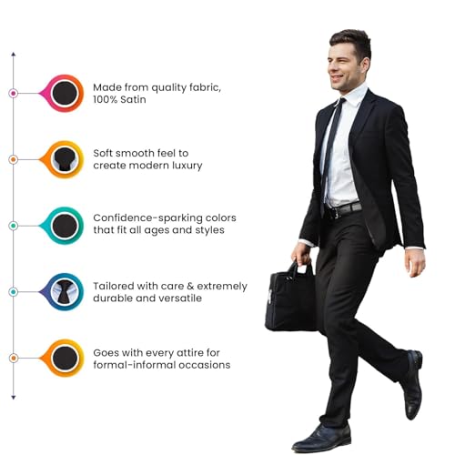 Image of Men's Satin Slim Necktie for Formal Wear | Premium Solid Tie for Office, Wedding, Business Meetings, Party & Interview | Stylish Silk Feel Neck Tie for Men with Pocket Square