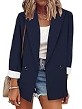 JIER Femmes Couleur Unie décontracté à Manches Longues Revers Bouton Blazer Veste Ouvert Devant Travail Bureau Veste Blazer (Bleu Marine,3X-Large)