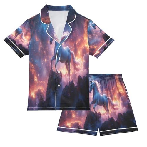 ALAZA Magical Unicorn Cloud Galaxy Space Satin Pajamas Set Short Sleeve Button Down Sleepwear Summer Pjs 2 Piece