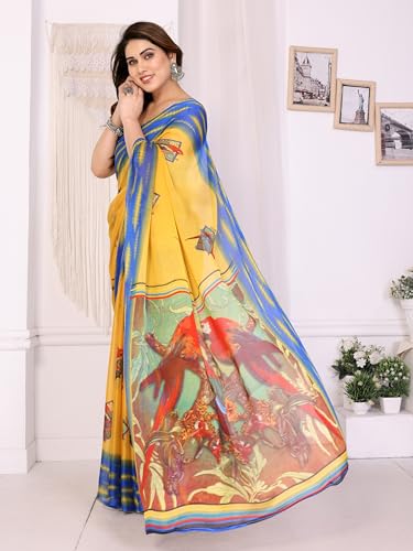 Image of SUPERLAXMI Women's Chiffon Floral Printed Saree with Blouse Piece