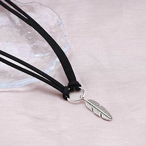 Dervivea Boho Feder Choker Halskette Schwarz Geschichtet Leder Halskette Silber Blatt Anhänger Halskette Choker Retro Kreis Link Halskette Kette Schmuck Für Frauen Und Mädchen