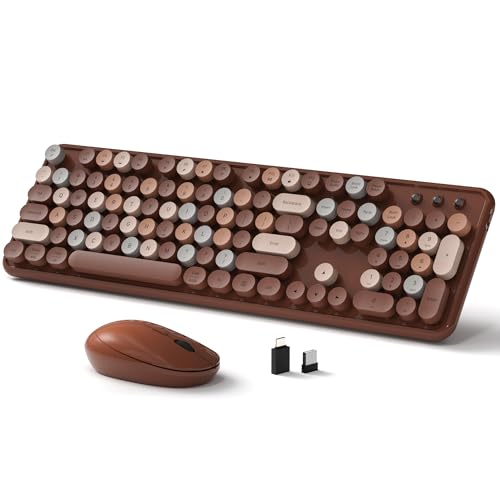 Links9+ Wireless Keyboard and Mouse Full-Size Retro Typewriter Keyboard with Round Keycaps 2.4GHz for Windows Mac Laptop PC Desktop (Coffee Colorful)