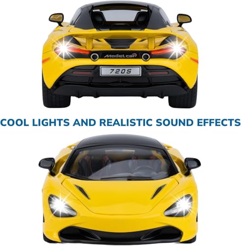 Image of FEXXA 1.18 Scale McLaren 720S Die-Cast Metal Car with Sport car Openable Doors Light and Sound,Pull Back Function Indoor Outdoor Toy for Kids (Yellow)