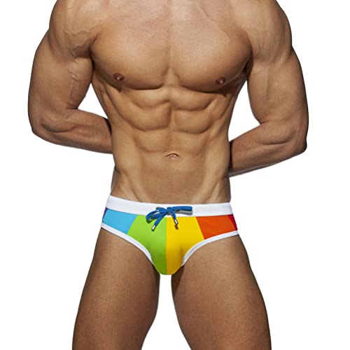 ORANDESIGNE Badeslip Herren Sexy Eng Hosen Badeshorts Kurz Druck Schwimmslip Stretch Slips Sexy Schnelltrocknend Schwimmshorts mit Pad Badepants Sommer Shorts Kurze Badehose L Regenbogen L