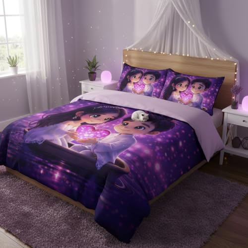 Image of Decor Well 7d Bedsheet for Double Bed King Size with 2 Pillow Covers, Polycotton 220 TC Super Soft & Breathable, Wrinkle Free New Purple Heart Printed Bedsheet Set (90x100 Inch)